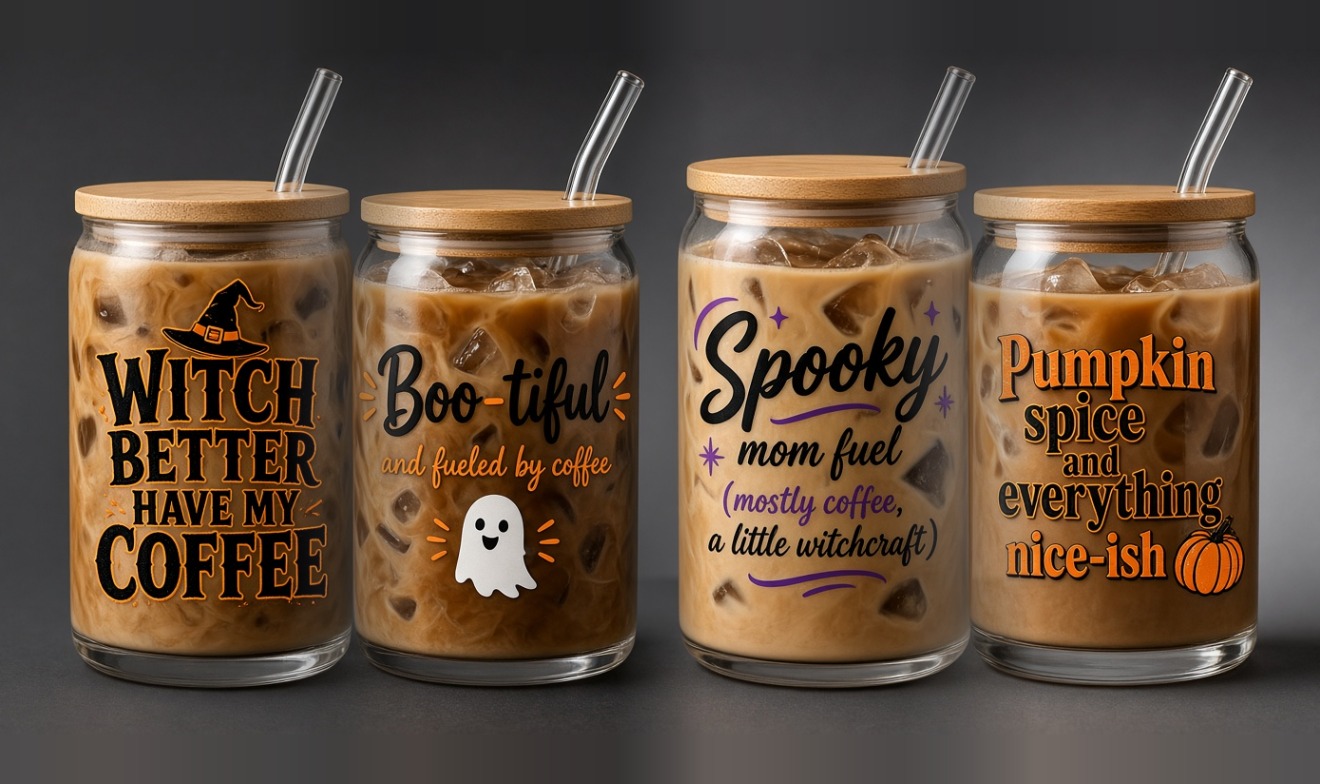Halloween Collection: four glass cups with bamboo lids and glass straws, each with a Halloween design.