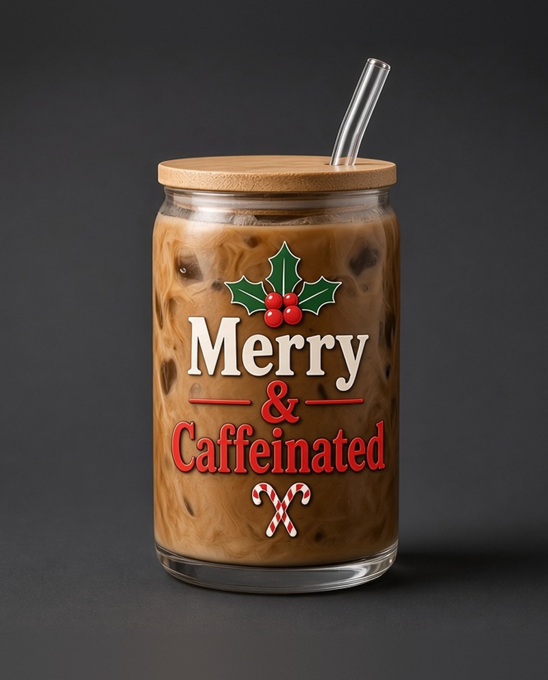 New release: Merry & Caffeinated glass cup, $13, 16 oz