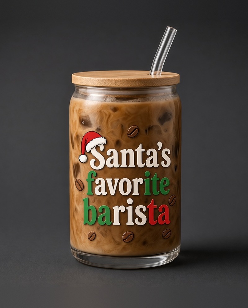 New release: Santa's favorite barista glass cup, $13, 16 oz